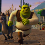 Shrek y Asno frente a unos guardias en Shrek 2 Remastered
