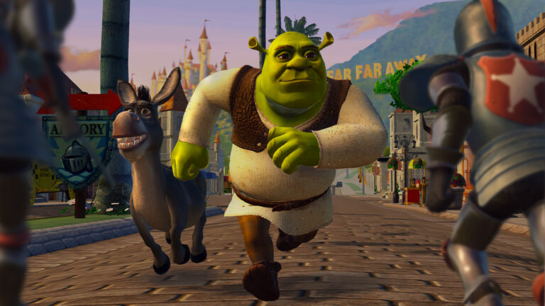 Shrek y Asno frente a unos guardias en Shrek 2 Remastered