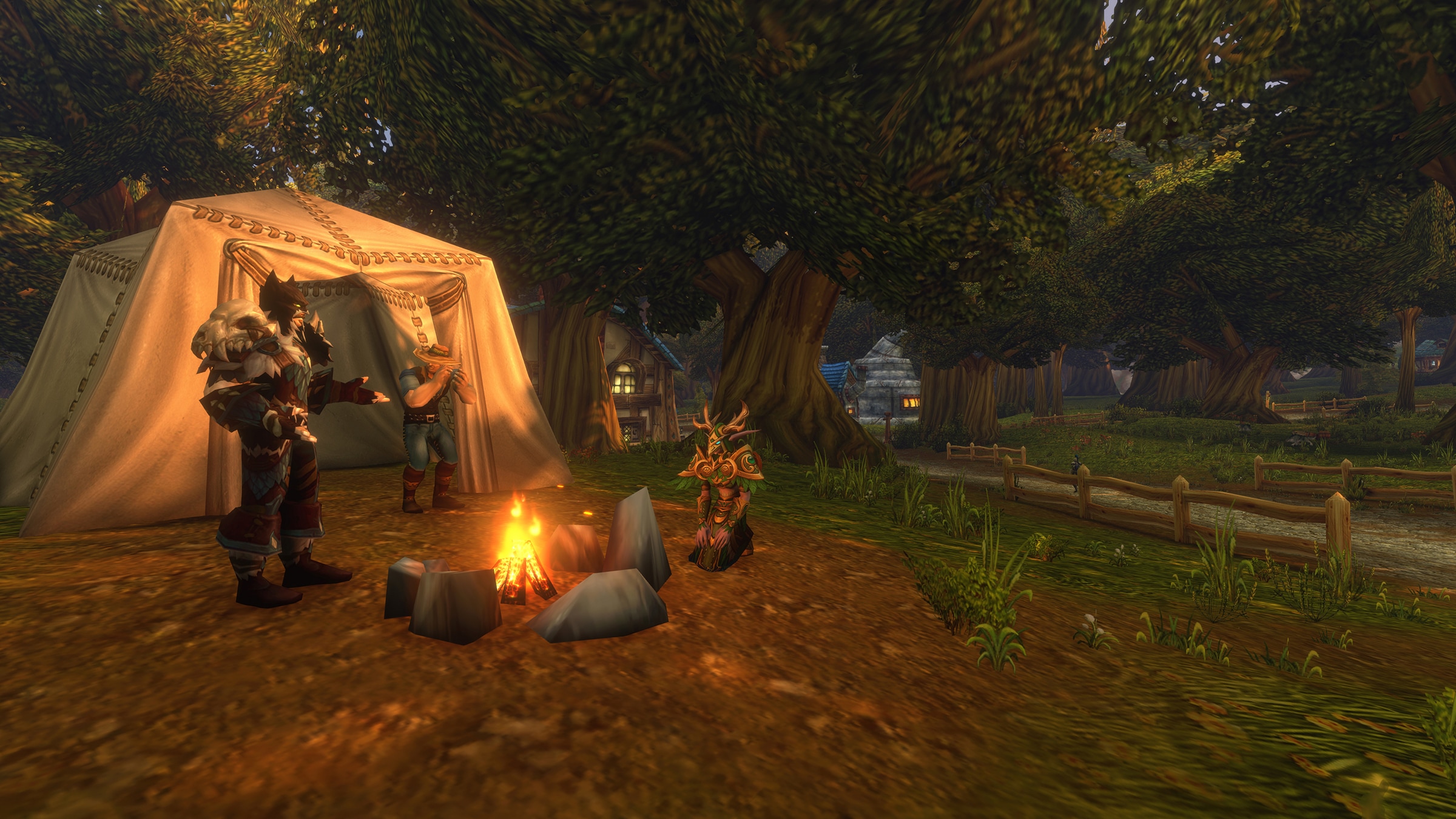Campamento con hoguera y tienda en un bosque de World of Warcraft: Forever
