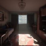 Interior de una vivienda soviética en ASPIS, con muebles de madera y luz entrando por la ventana