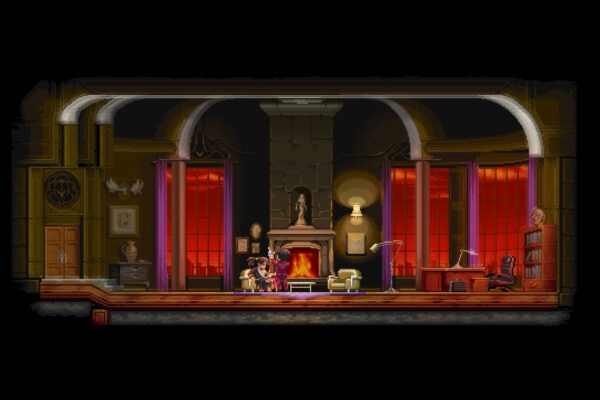 Escena de Katana ZERO en un bar, representada con gráficos de píxeles
