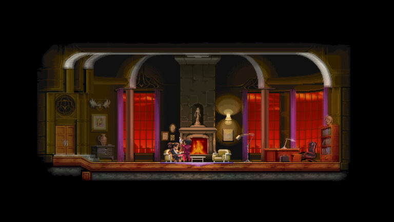 Escena de Katana ZERO en un bar, representada con gráficos de píxeles