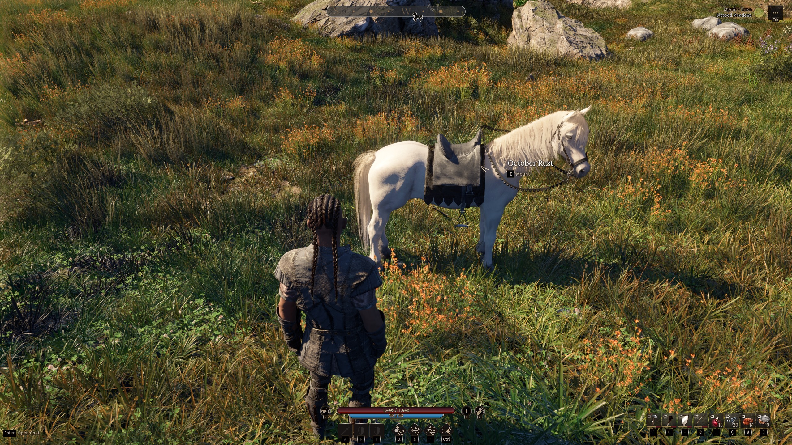 Un personaje junto a un caballo blanco con silla y alforjas en Pax Dei