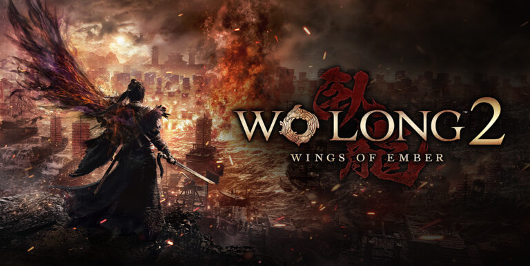 Arte oficial de Wo Long 2: Wings of Ember, con un guerrero ante un campo de batalla en llamas