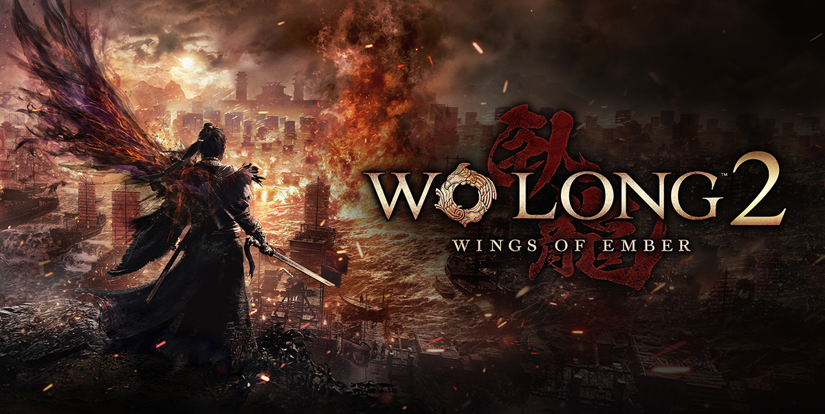 Arte oficial de Wo Long 2: Wings of Ember, con un guerrero ante un campo de batalla en llamas