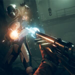 Un personaje dispara contra un enemigo en un escenario de DEATHLOOP, desarrollado por Arkane Lyon