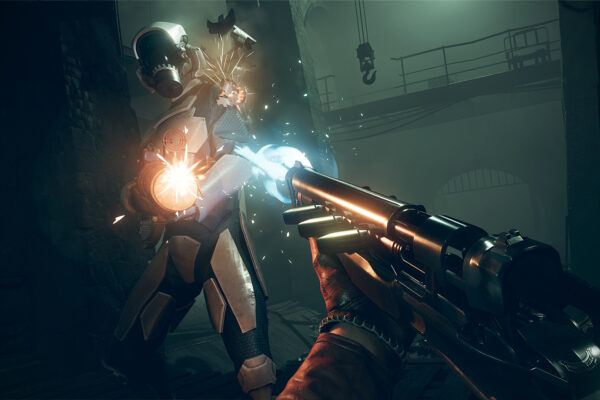 Un personaje dispara contra un enemigo en un escenario de DEATHLOOP, desarrollado por Arkane Lyon