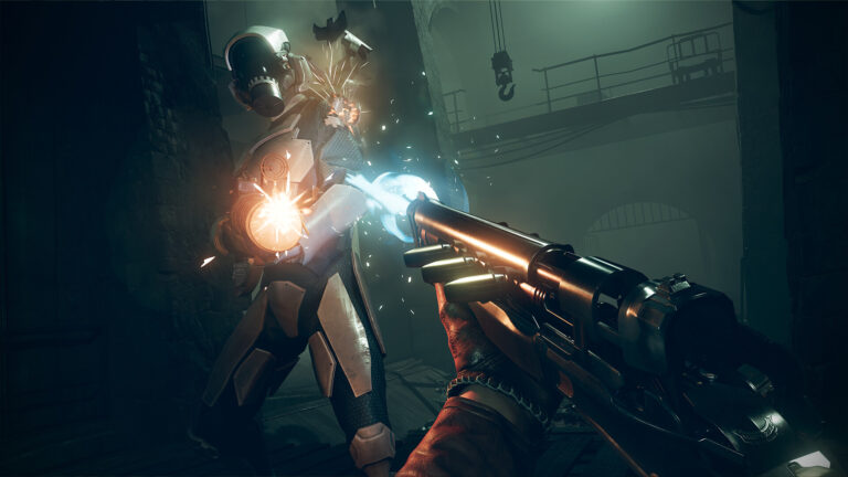 Un personaje dispara contra un enemigo en un escenario de DEATHLOOP, desarrollado por Arkane Lyon