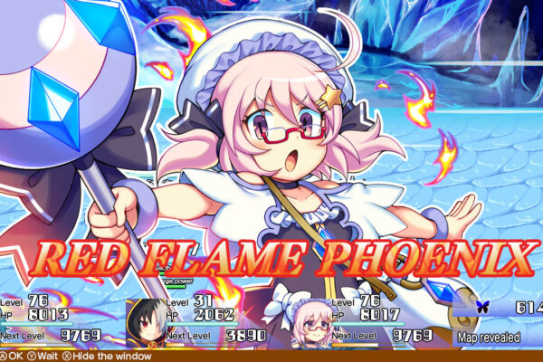 Una luchadora de Brave Dungeon ejecuta la habilidad Red Flame Phoenix durante un combate por turnos
