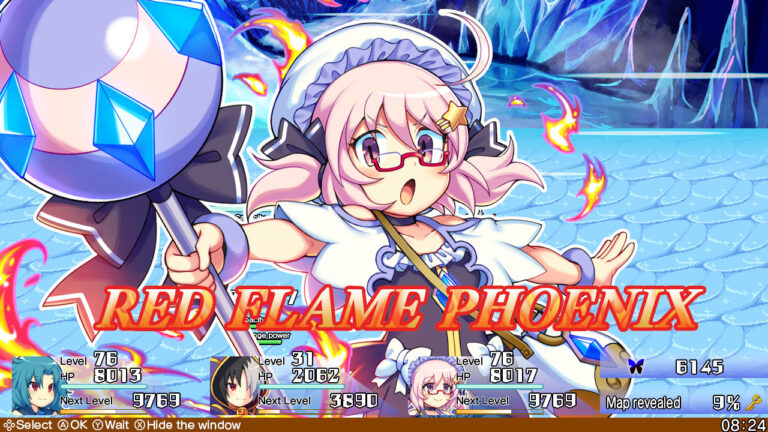 Una luchadora de Brave Dungeon ejecuta la habilidad Red Flame Phoenix durante un combate por turnos