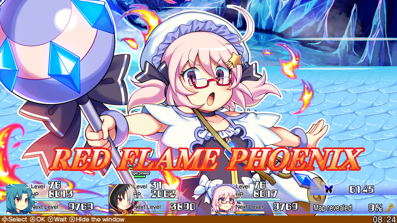 Una luchadora de Brave Dungeon ejecuta la habilidad Red Flame Phoenix durante un combate por turnos