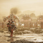Un marine espacial avanza frente a vehículos y tropas de Dawn of War IV