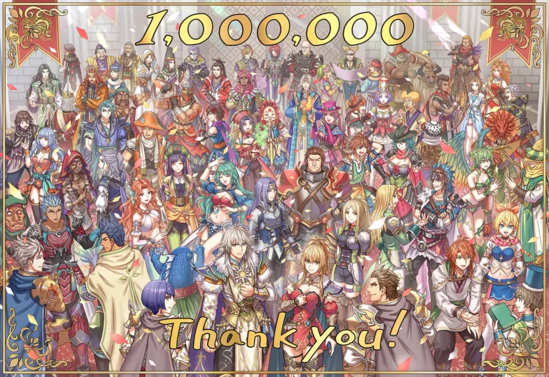 Ilustración de los personajes de Romancing SaGa 2 con un mensaje de agradecimiento por el millón de unidades