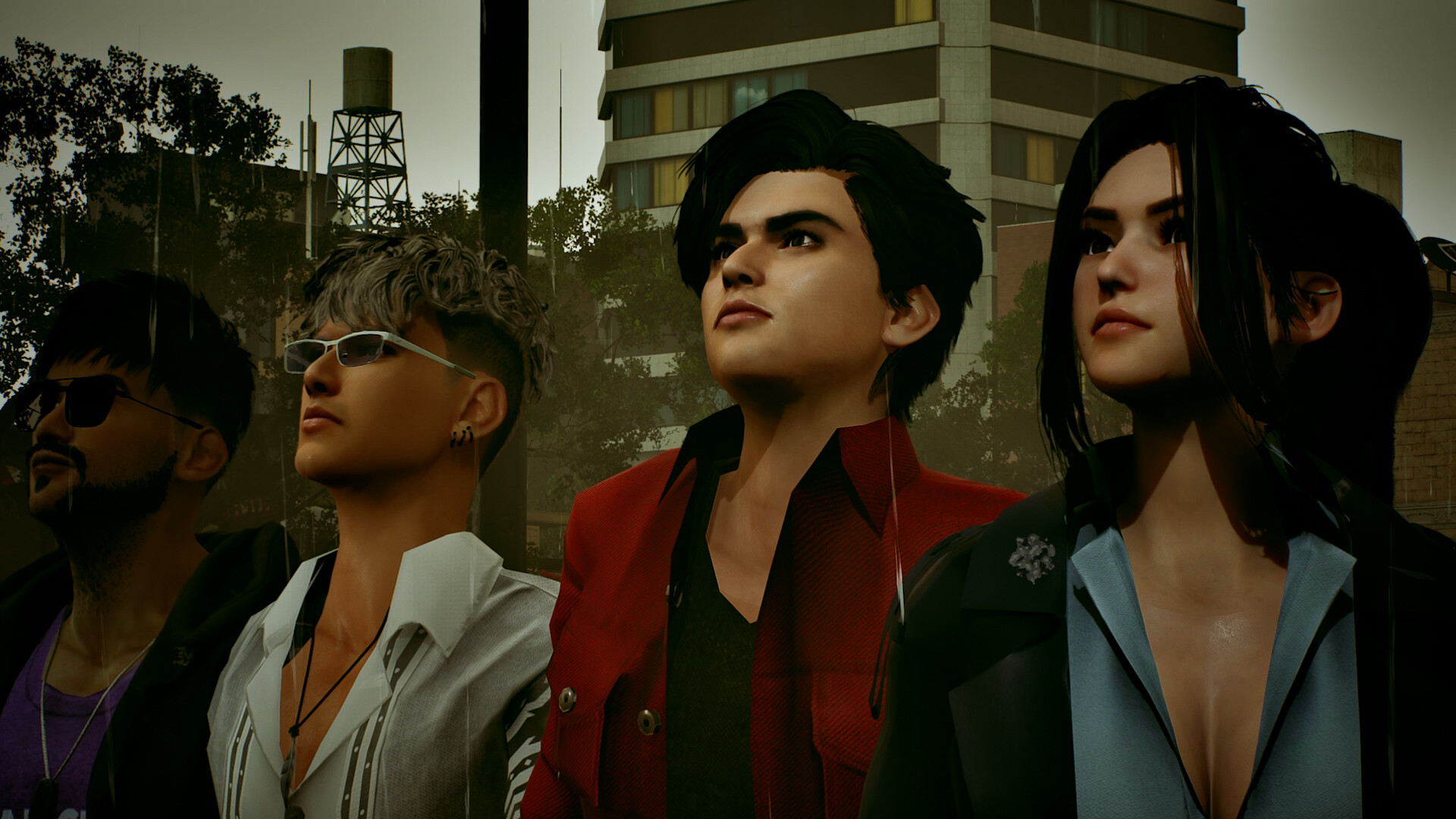 Cuatro personajes de Troublemaker 3 observan juntos una calle de Jayakarta