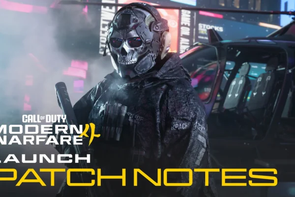 Un operador enmascarado junto a un vehículo en el arte de las notas del parche de lanzamiento de Modern Warfare 4