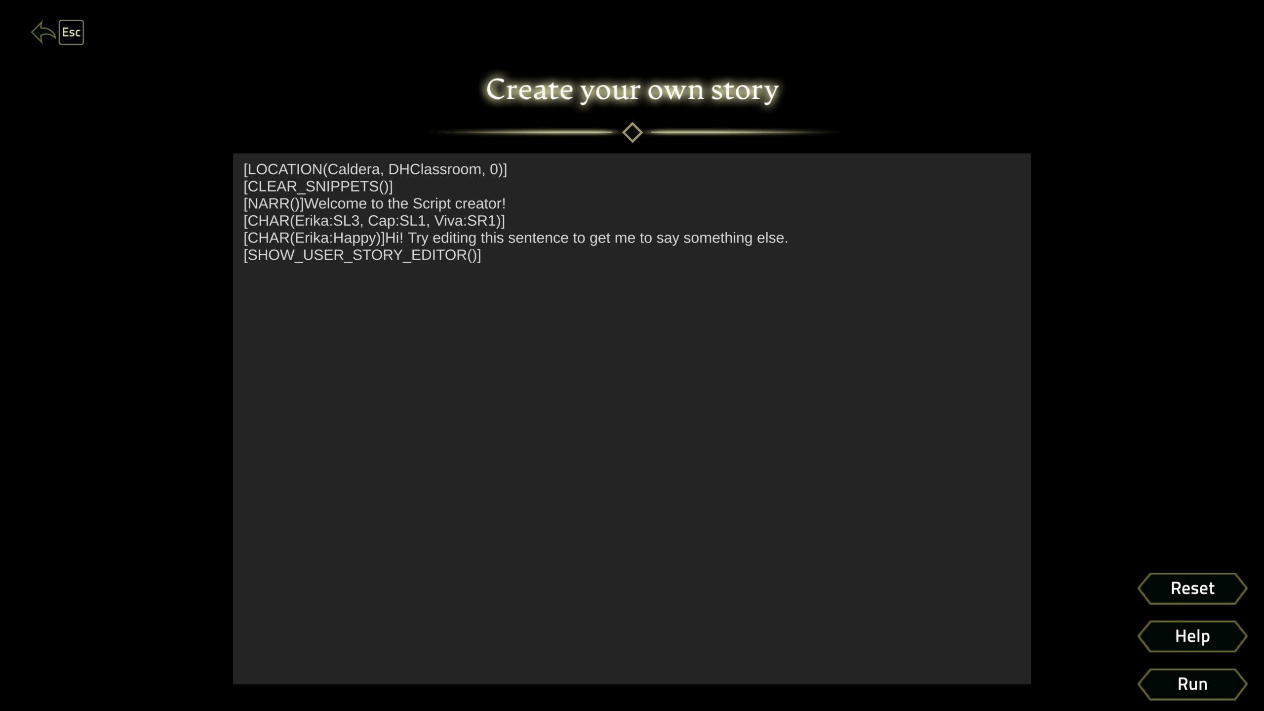 El editor Story Creator de Grifford Academy muestra un guion y las opciones para ejecutarlo dentro del juego
