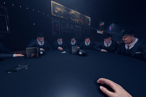 Los jugadores de Mafia Hotel se reúnen alrededor de una mesa en el bar para discutir y votar