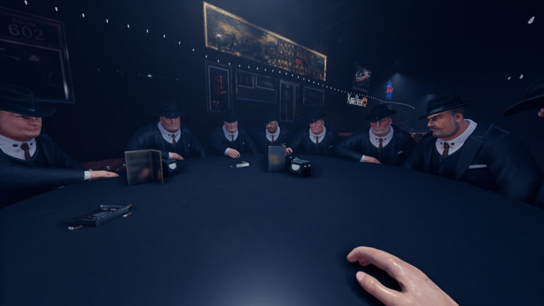Los jugadores de Mafia Hotel se reúnen alrededor de una mesa en el bar para discutir y votar