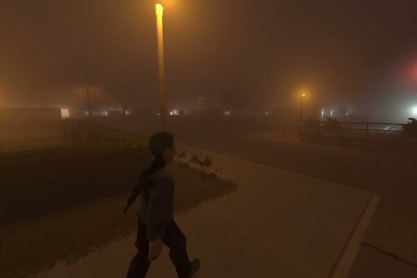 Una superviviente de Project Zomboid recorre una calle con niebla vista en tercera persona mediante PZ3D