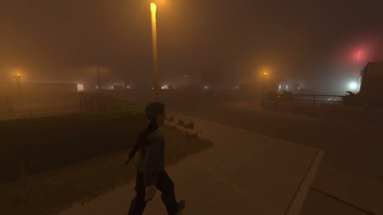 Una superviviente de Project Zomboid recorre una calle con niebla vista en tercera persona mediante PZ3D