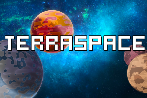 Arte de Terraspace con su nombre sobre un fondo de planetas y estrellas