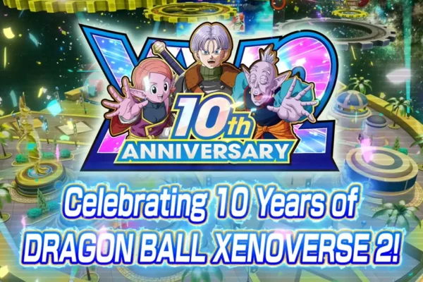 Arte del décimo aniversario de Dragon Ball Xenoverse 2 con Trunks, Fu y la Kaioshin del Tiempo