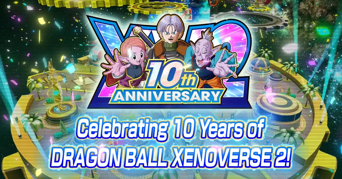 Arte del décimo aniversario de Dragon Ball Xenoverse 2 con Trunks, Fu y la Kaioshin del Tiempo