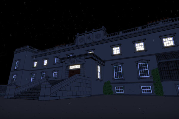 La fachada de Blake Manor iluminada durante la noche