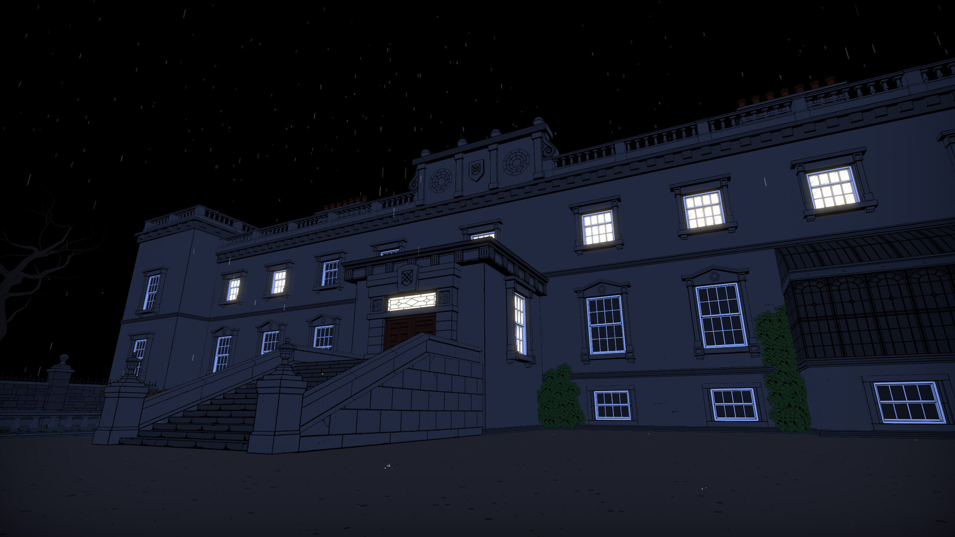 La fachada de Blake Manor iluminada durante la noche