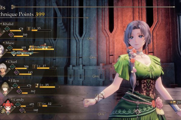 La pantalla de resultados de Romancing SaGa 3: Destinies United muestra los puntos de técnica obtenidos por el grupo