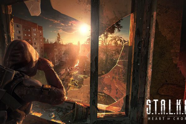 Un stalker observa la Zona desde una ventana mientras entra la luz del atardecer