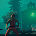 El protagonista de Virtue and a Sledgehammer sostiene una maza frente a una iglesia iluminada en verde