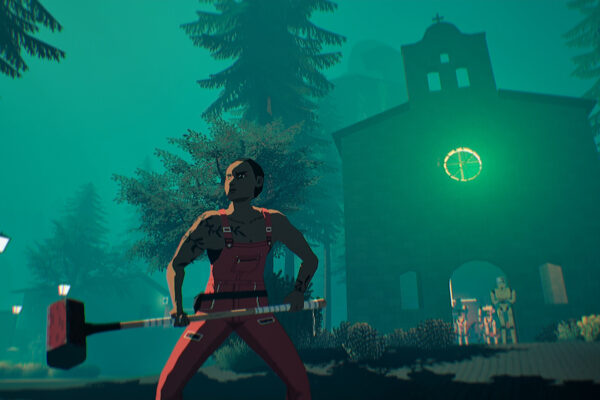 El protagonista de Virtue and a Sledgehammer sostiene una maza frente a una iglesia iluminada en verde