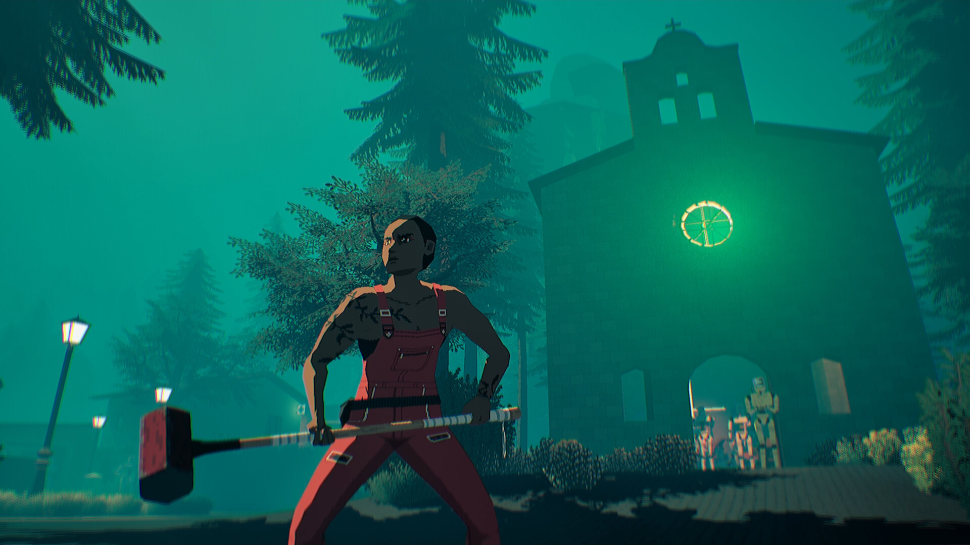 El protagonista de Virtue and a Sledgehammer sostiene una maza frente a una iglesia iluminada en verde