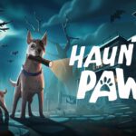 Dos perros ante una mansión encantada en el arte oficial de Haunted Paws
