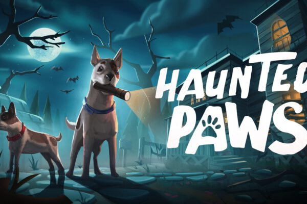 Dos perros ante una mansión encantada en el arte oficial de Haunted Paws
