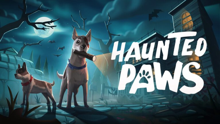 Dos perros ante una mansión encantada en el arte oficial de Haunted Paws