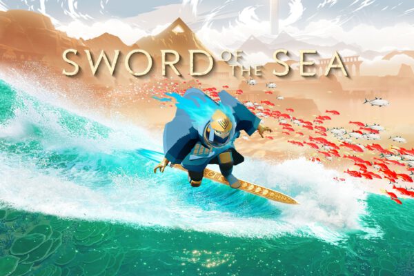 Arte de Sword of the Sea con el protagonista surfeando sobre el agua