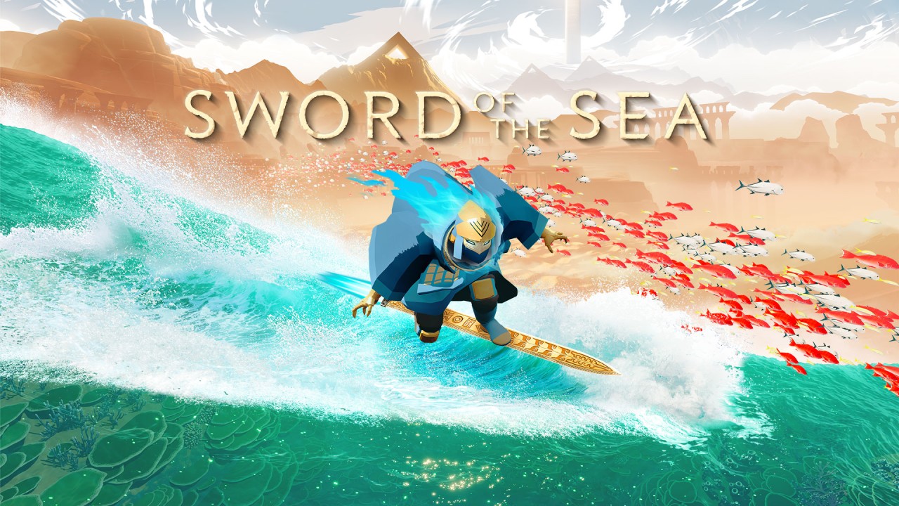 Arte de Sword of the Sea con el protagonista surfeando sobre el agua