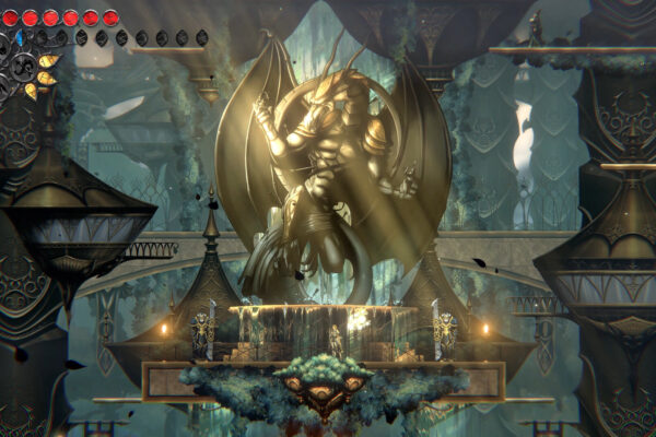 El protagonista de Aeterna Lucis se enfrenta a una gran figura dorada en una sala de piedra