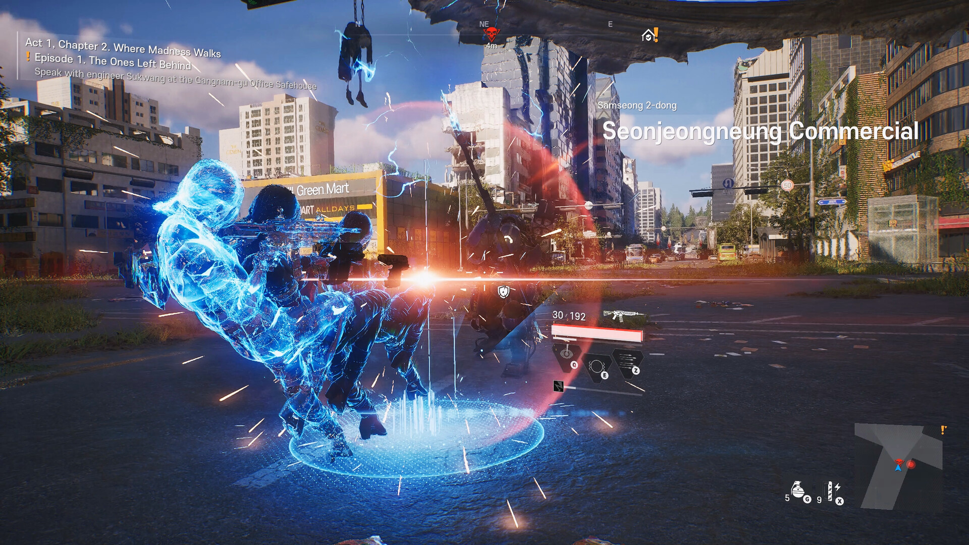 Un personaje de CINDER CITY utiliza un escudo de energía azul durante un tiroteo