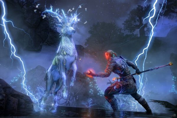 Un guerrero combate contra una criatura entre rayos en The Elder Scrolls Online