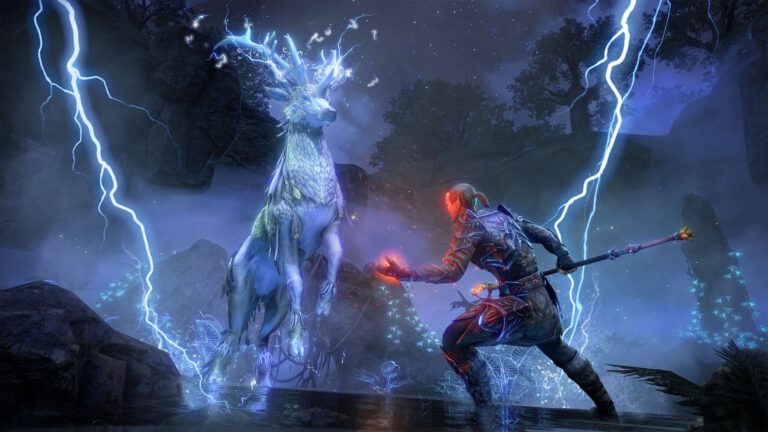 Un guerrero combate contra una criatura entre rayos en The Elder Scrolls Online