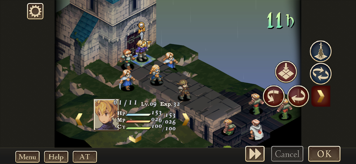 Una batalla de Final Fantasy Tactics en móvil con los controles de mando visibles