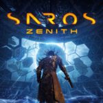 El protagonista de SAROS avanza hacia una estructura azul bajo el título Zenith