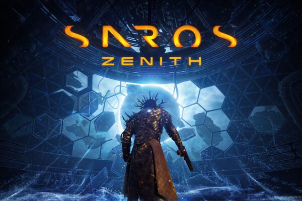 El protagonista de SAROS avanza hacia una estructura azul bajo el título Zenith
