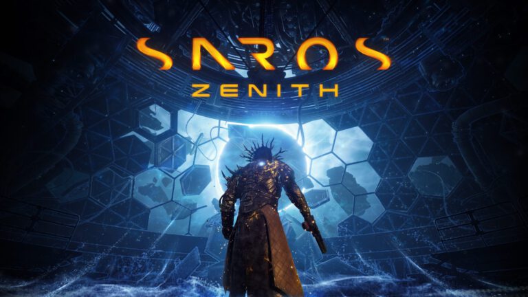 El protagonista de SAROS avanza hacia una estructura azul bajo el título Zenith