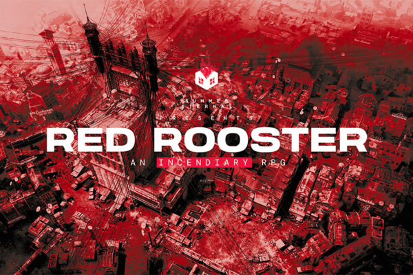 Arte rojo de la ciudad de Red Rooster con el título del juego