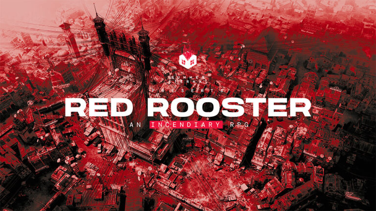 Arte rojo de la ciudad de Red Rooster con el título del juego