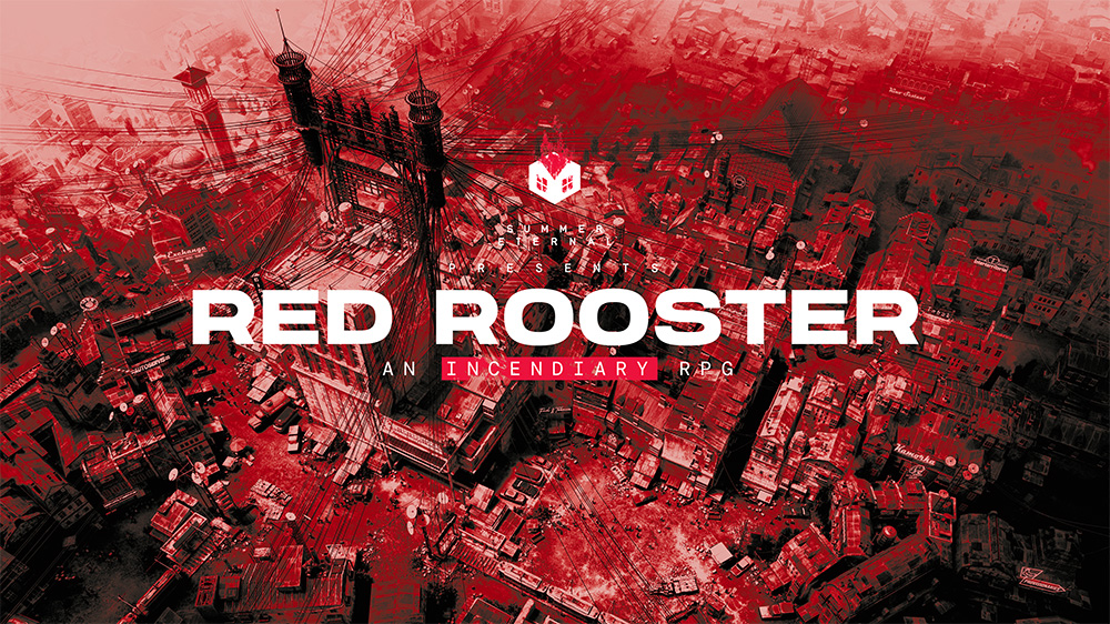 Arte rojo de la ciudad de Red Rooster con el título del juego